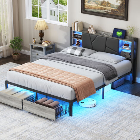 Lit double 160x200 cm avec 2 tiroirs, Tête de lit capitonnée avec sommier LED et chargement USB, Cadre de lit en métal, sans Matelas, Noir (1/5)