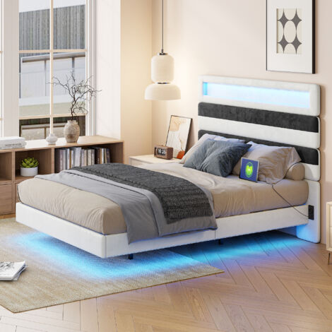 Lit double capitonné 140x190 cm, Cadre de lit flottant avec sommier à lattes et tête de lit réglable, 2 Personnes, Velours (1/5)