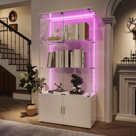 Vitrine en verre blanc - 78.5.5x35x165.5 cm - Triple Vitrines + meuble de rangement - Serrure - Éclairage d'ambiance réglable - Verre trempé + Bois - Convient aux salons, chambres et bureaux