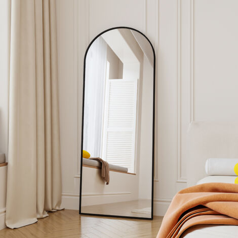 Miroir sur pied 165x60 cm – Miroirs arqué sur toute la longueur – Cadre en métal – Support en U pour placement libre – Couleur doré