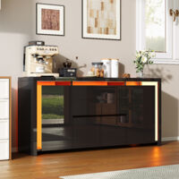 Buffet de Cuisine avec éclairage LED, Buffet bas,Bahut de Salle à Manger avec 4 Portes et 2 Tiroirs, Buffets pour Salon, Cuisine et Entrée, Design Haut Brillant,Noir,160x35x75cm