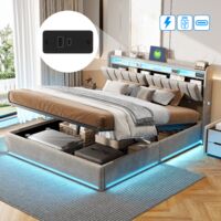 Lit coffre 160x200 cm avec USB et Type-C, Lit double 160x200 cm avec LED et sommier à lattes, Tête de lit avec rangement, Velours Gris