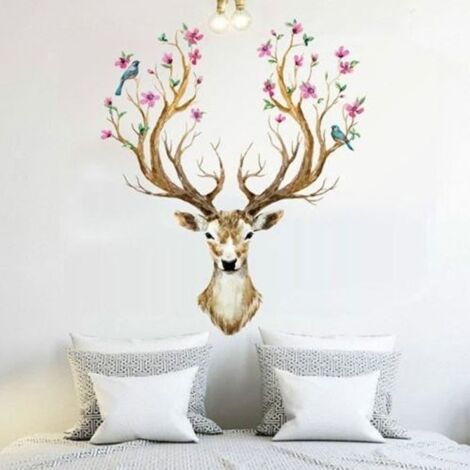 (Coloré)Sticker Mural Amovible Cerf Tête Fleurs Oiseau Autocollant Décalque Décor Maison (1/4)
