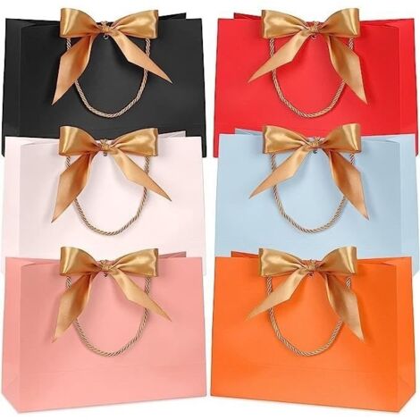 (Rose)6pcs sacs-cadeaux en papier coloré 32 x 25 x 11cm avec des rubans d'arc d'or sacs-cadeaux d'anniversaire de fête de mariage (1/4)