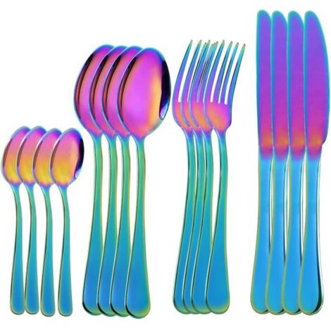 couverts de table set de couvert inox 16 pièces avec couteau, fourchette et cuillères, Couleurs Arc en ciel.[Z1830]