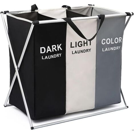 Panier à Linge Pliable Triple Corbeille à Linge 3 Sacs Amovibles (155L) 68x38x60cm (Gris Blanc Noir) (1/4)