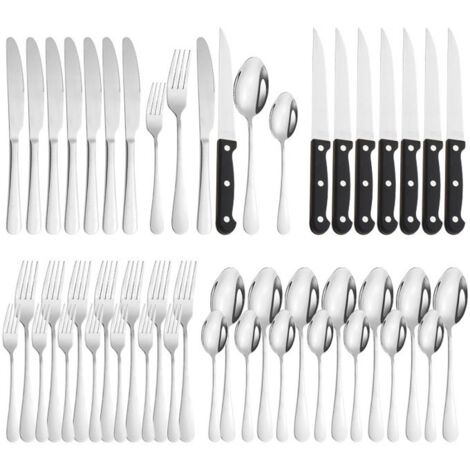 (argent)Ménagère 48 Pièces, Service pour 8 Personnes, en Acier Inoxydable Poli Miroir, avec Couteau à Steak, Argent