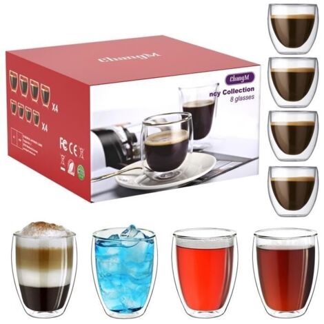 Coffret de 8 Tasse à café/Expresso/Espresso en Verre4X80ml,4X250ml. Set/Tasses à café Double paroi, Tasse Expresso Originale. (1/4)