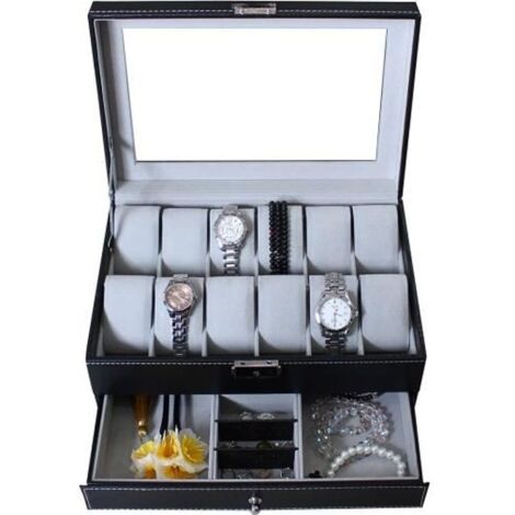 Boîte à Montres et Bijoux, Présentoir, 12 montres, tiroir à bijoux et vitre d'exposition, Gris, Dimensions: 30x20x14 cm (1/3)