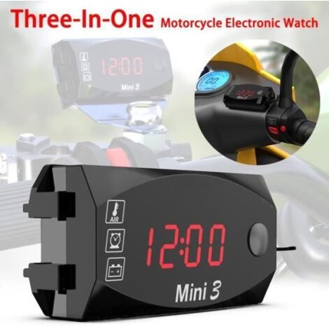 GE00611-3 in 1 Numérique Horloge Moto Thermomètre Voltmetre Guidon Mount IP67 Étanche Montre Moto avec Affichage Grand Écran, 12v