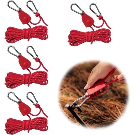 Corde de Camping rouge 4 pièces, corde de tente à cliquet avec tendeur de corde pour tente de Camping en plein air 4 pièces (1/5)