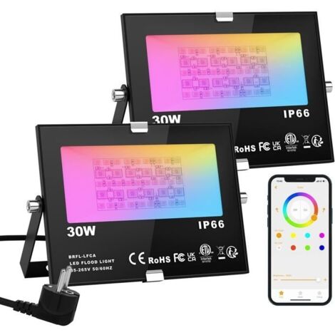 2Pcs RGBW Projecteur LED Exterieur 30W contrôlé par smartphone, Intelligente RGB Spot LED de Couleur, IP66 Etanche (1/5)