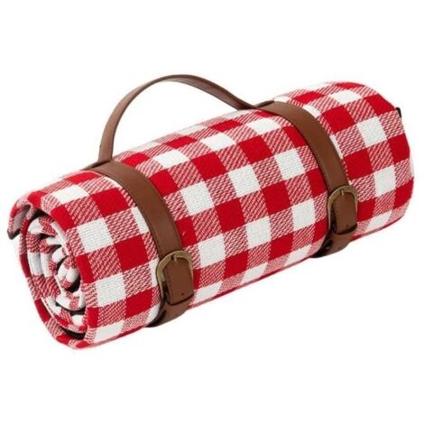 Tapis De Plage, Pour Camping En Plein Air, Résistant À L'humidité, Avec Sangles De Rangement En Cuir,150x200cm, Plaid Rouge Et Blanc (1/4)