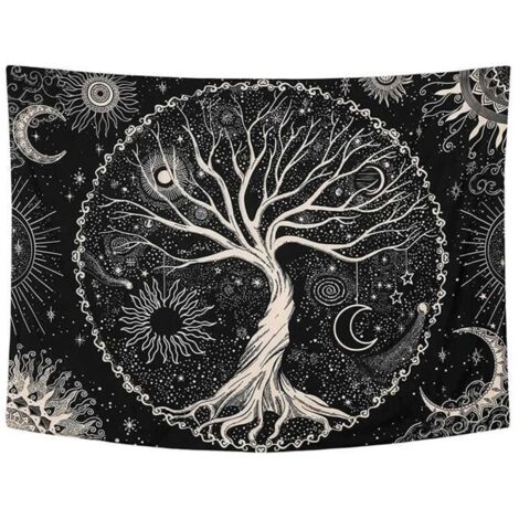 Tapisserie Arbre Lune et Soleil Tapisserie Tenture Murale Noir Mandala PsychéDéLique Tapisserie Ciel ÉToilé Tapisserie Hippie