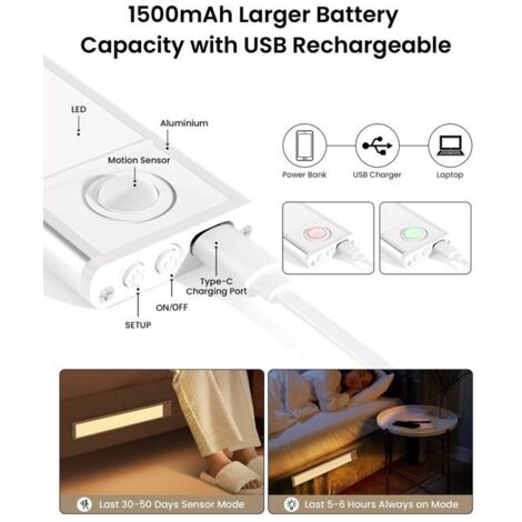 Lampe d'armoire rechargeable à intensité variable avec détecteur de mouvement à LED magnétique sous le placard - 20 cm (1/5)