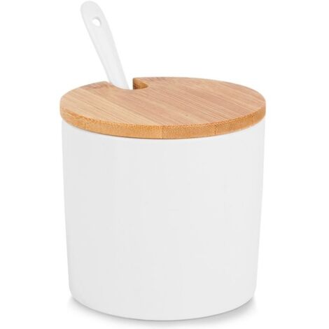Sucrier en céramique - Lot avec cuillère - Design moderne - couvercle en bambou - 250 ml - Blanc (1/5)