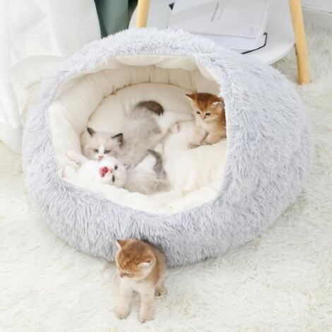 Panier Chat,Lit moelleux pour Chats et Chiens,Panier Chaud Semi-fermé pour Animaux de Compagnie,Couchage Habitat 40cm Gris