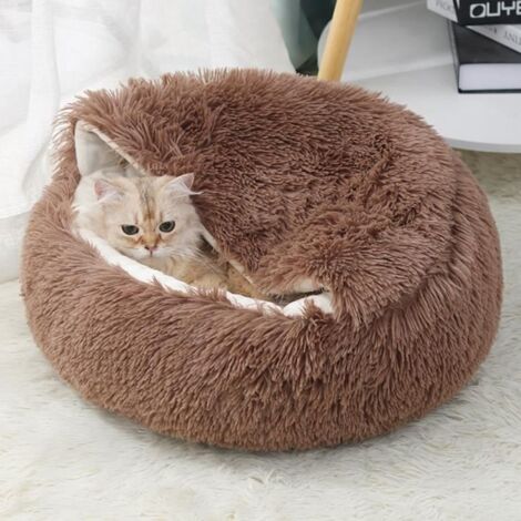 Panier Chat,Lit moelleux pour Chats et Chiens,Panier Chaud Semi-fermé pour Animaux de Compagnie,Couchage Habitat 50cm marron