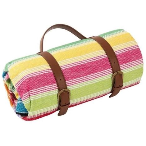 Tapis de plage – pour camping en plein air, résistant à l'humidité, avec sangles de rangement en cuir, 150 x 200 cm,Rayures colorées (1/4)