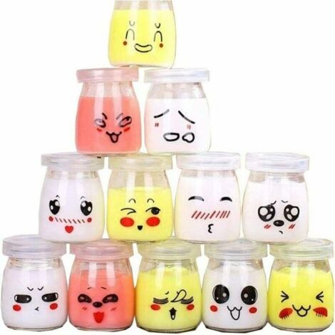 12 Pot Yaourt en Verre avec Couvercles Décor émoticône différents, Bocal Crème Dessert Contenance 100 ML (1/5)