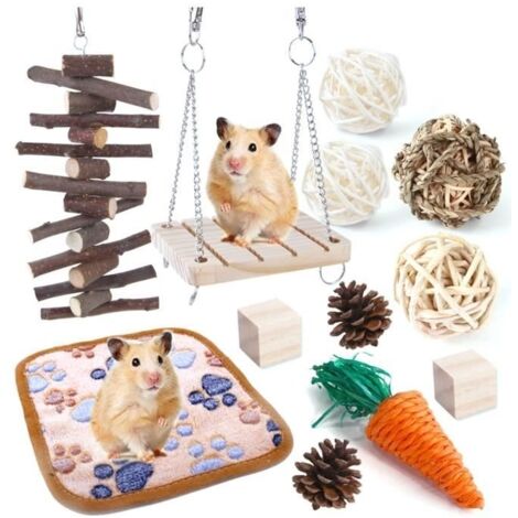 (couleur multiple)Lot de 12 jouets pour hamster en bois à mâcher, ensemble de jouets à mordre, soin des dents pour cochons d'Inde, chinchillas, (1/4)