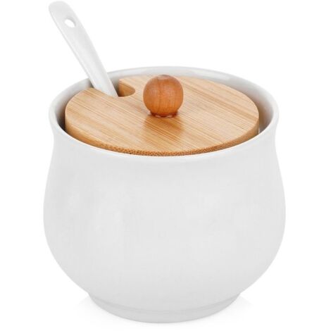 Sucrier en céramique - Lot avec cuillère - Couvercle amovible - design moderne - 250 ml - idéal pour sucre et épices (1/5)