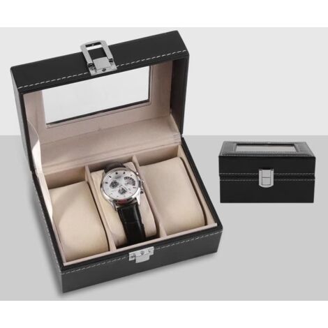 (Noir)Boîte de rangement en cuir pour montre - Haut de gamme - 3 slots - Noir (1/4)