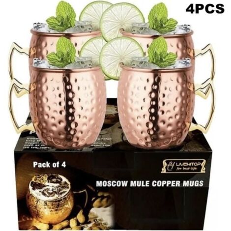 Lot de 4 verres à cocktail Moscow Mule d'environ 500 ml, verres à cocktail en cuivre Moscow Mule, boisson froide
