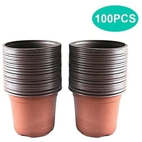 Lot de 100 Pots en Plastique pour semis et Plant, 10 cm - Marron - 8 Trous de Drainage (1/4)