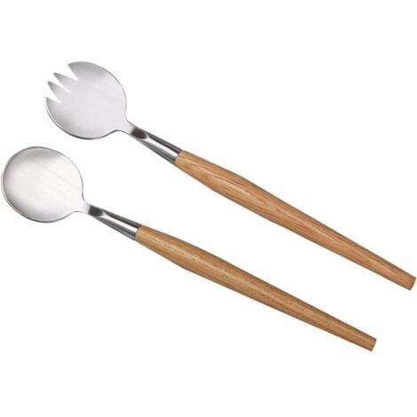 Couverts à Salade en Bois,Couverts à Salade Inox Cuillère à Salade Métal Fourchettes à Salade Couverts à Salade avec Manche en Bois (1/4)
