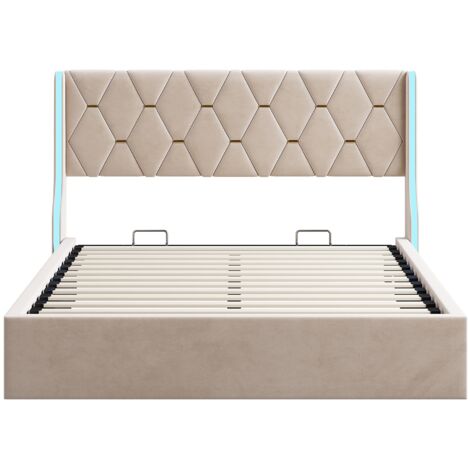 Lit Double 140x190 Avec Coffre - Velours Beige, Tête De Lit LED - Sommier à Lattes, Rangement Hydraulique - Moderne
