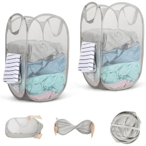 Lot de 2 paniers linge pliables en maille. 34x34x60cm, avec poignées. Idéal salle de bain, camping, voyage.Couleur : Gris (1/5)