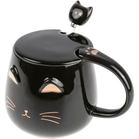 Tasse Chat Kawaii 450ml en Céramique Noir Or avec Couvercle Cuillère - Mug Infusion Thé Café Cadeau Japonais Original