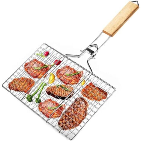 Panier gril barbecue avec manche bois. Filet à poisson et légumes, cuisson uniforme sans chute.