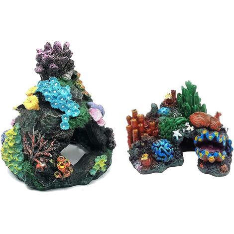 Aquarium Coral Decoration Resin Fish Tank Hiding Mountain Cave Betta Fish Hideaway Rock Coral Reef Ornament, 2 Pack (1/5)