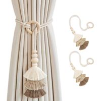 Lot de 2 Embrasses de Rideau en Corde avec Pompon Boho - Anneau Bois Tissé Main Décoration Murale Chambre 30 cm