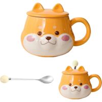 Tasse Shiba Inu en Céramique 420 ml avec Couvercle et Cuillère - Mug Kawaii Drôle pour Café Thé Lait Cadeau Original