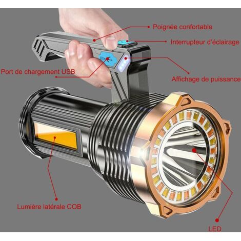 Lampe de poche LED+COB super brillante Lampe torche rechargeable Lampe de recherche extérieure Lampe de camping portable avec lumière latérale rouge ＆ bleue d'avertissement  39
