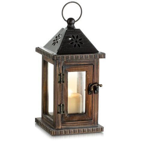 AGE Lanterne bougie en bois vintage 28cm –Décoration intérieure et extérieure –Compatible bougies piliers 6x10cm –Design rustique marron