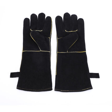 AGE Gant de four, gant de cuisine en cuir, 41 cm (16") gant de four universel résistant à la chaleur, idéal pour les grillades, le barbecue, la cuisine, le four, la cheminée (cuir de vache, noir). (1/5)