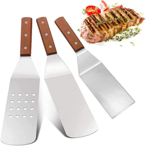 AGE 3 Pièces Ensemble de Spatule en Acier Inoxydable, Spatule Plancha INOX, Spatule Barbecue INOX, Antiadhésif, Antirouille, Manche en Bois, pour Barbecue, Cuisine, Extérieur, Cuisine, Teppanyaki (1/5)