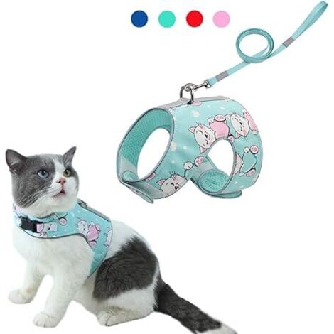 AGE Porte-chat et laisse de transport anti-fuites réglables en maille souple pour chat de petite et moyenne taille Gilet chaton avec bandes réfléchissantes Convient pour courir et marcher Vert (1/3)