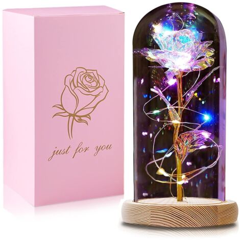 RGE Cadeau Fete des Meres, Cadeau Femme Maman, Cadeau Anniversaire Femme, Rose Eternelle sous Cloche, Rose Fleur Artificielle avec Lumières LED, Idée Cadeau pour Couple, Mamie, Soeur