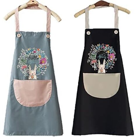 RGE 2 pièces Tablier de cuisine imperméable ,tablier de barbecue réglable avec poche, Familial Barbecue Restaurant Café, Pâques tablier de lapin mignon(bleu -le noir ) (1/4)