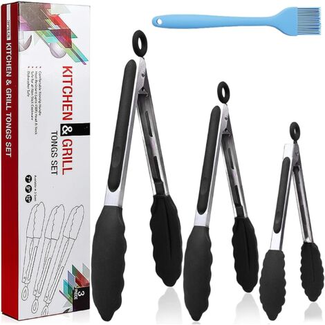 RGE Pinces de Cuisine, Pinces à Barbecue,Acier Inoxydable en Silicone de Haute Qualité 7 Pouces + 9 Pouces + 12 Pouces Pinces de Cuisine, Utilisées Pour Griller, Griller, Servir, Salade (noir) (1/5)