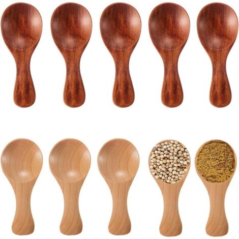 RGE 10 Pièces Cuillère à Lait en Bois, Petites Cuillères à Sel en Bois, Anti-Brûlure La Créativité en Bois Mini Cuillère à Thé pour Petits Pots Confiture, Épices, Sucre, Miel, Café, Glace (2 Couleurs) (1/5)