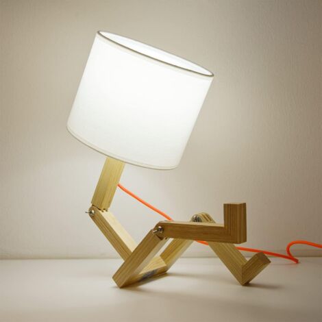 AGE LED Lampe de Table Nordique Bois Creative Robot Articulé Poupée avec Abat-Jour en Tissu Blanc avec Étagère à Livres pour Chambre d'Étude de Chevet Jeunes Enfants (1/5)