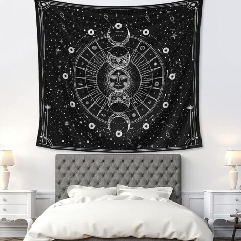 AGE Tapisserie pour Esthétique de Chambre à Coucher, Tenture Murale Astrologie Étoile Soleil Lune, Décorations de Chambre Psychédéliques Noir Blanc, Décoration Murale Mystique (130x150cm) (1/4)