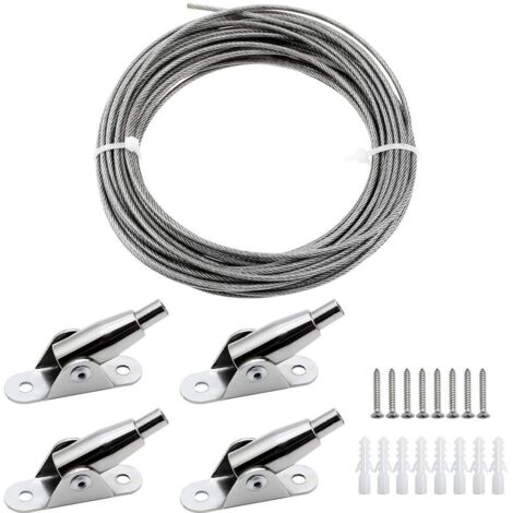 AGE 2mm x 10m Câble en Acier Inoxydable Enduite de PVC Fil Suspension Cadre avec Câble Métallique Codes Fixes des Vis pour Suspendre Photo Vêtements Lampe Rideaux Chargé Max de 30KG (1/5)
