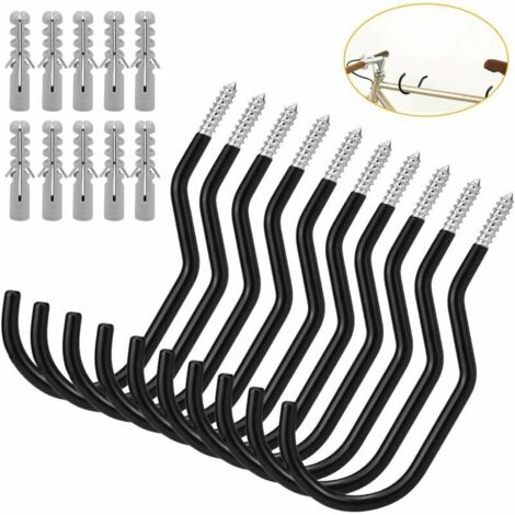 AGE Lot de 10 crochets pour vélo Crochets de rangement pour vélo Crochets pour vélo de grande capacité Ensemble de crochets pour vélo - Noir - Pour montage mural ou au plafond (1/5)